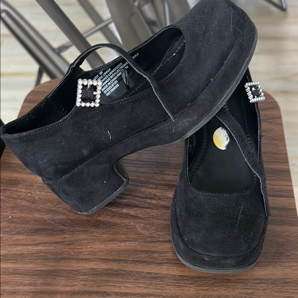 Black Suede Mary Jane Shoes with Rhinestone Buckle